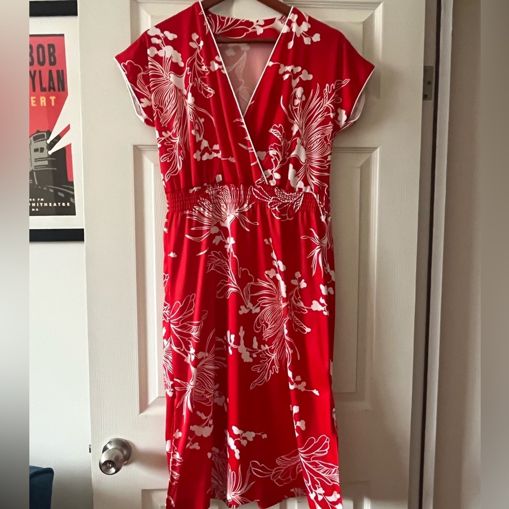 Vintage 70s Home Sewn Red Dress with Tropical Print